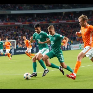 Players from ECU soccer and football teams in action during matches