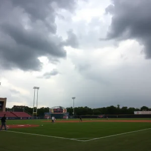 ECU baseball players practicing before the game with clouds in the background