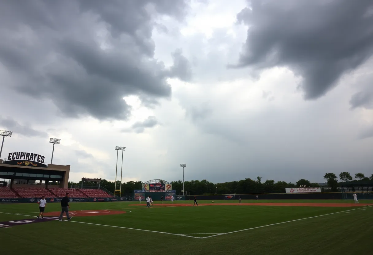 ECU baseball players practicing before the game with clouds in the background