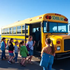 School bus at ferry terminal for students