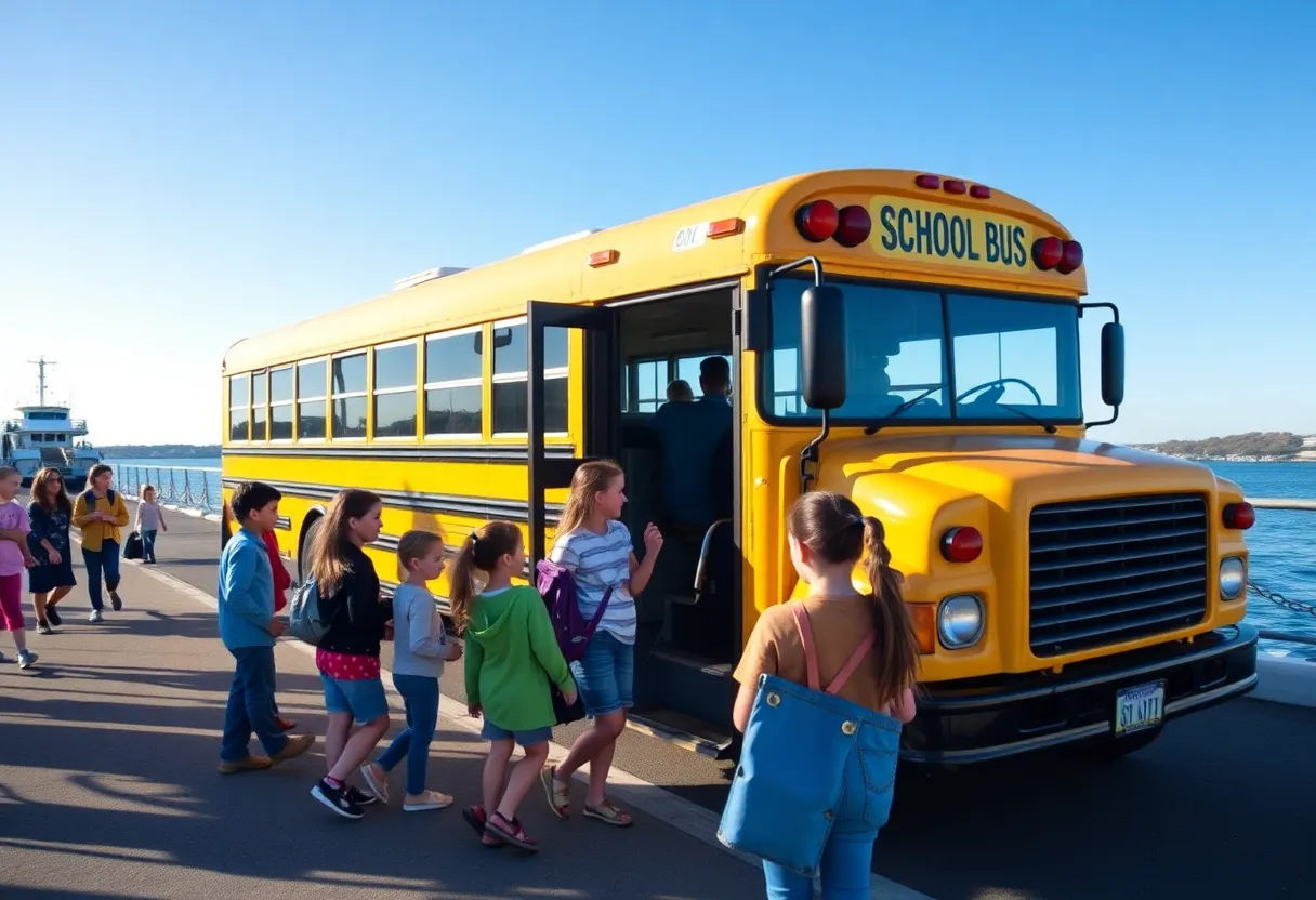 School bus at ferry terminal for students