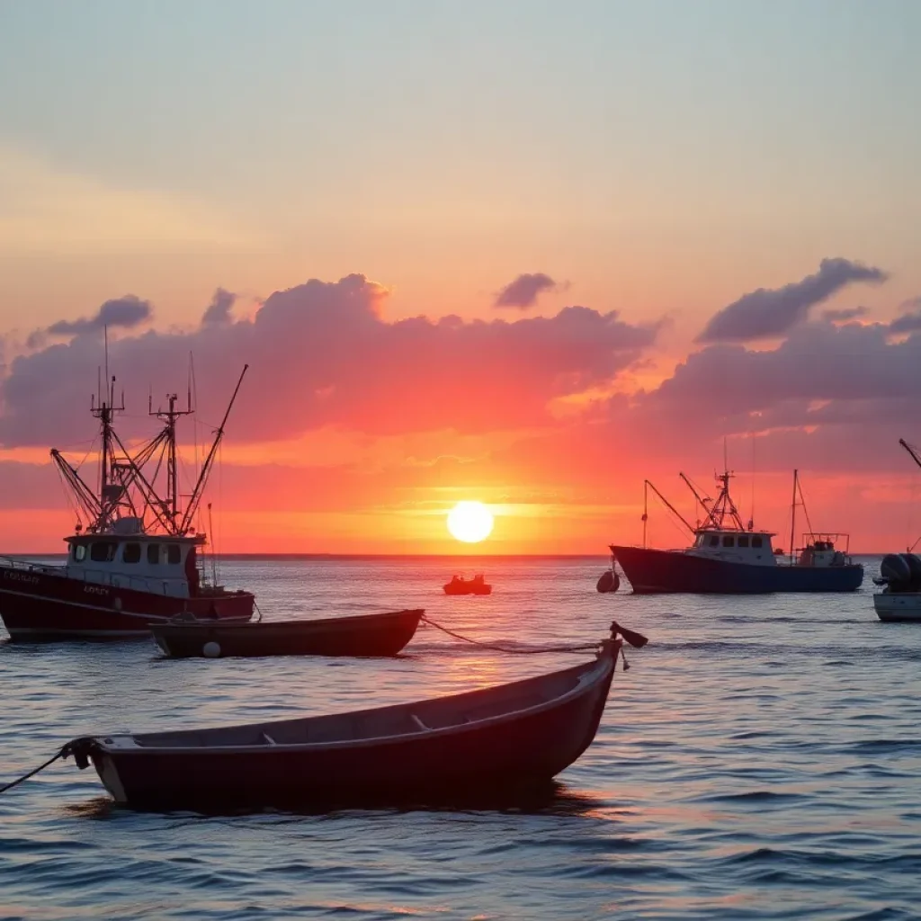 Fishermen's boats on the coast of North Carolina during sunset
