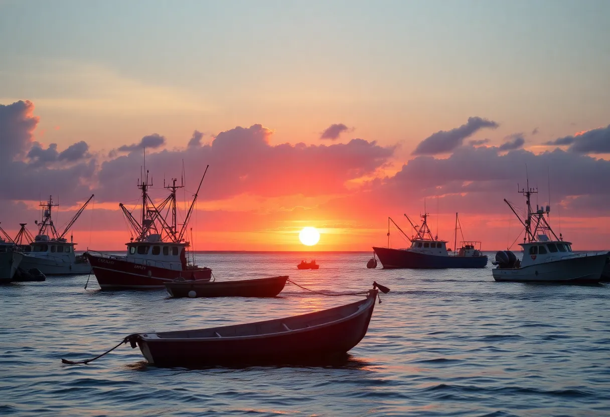Fishermen's boats on the coast of North Carolina during sunset