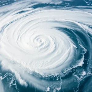 Aerial view of Hurricane Erin swirling over the ocean