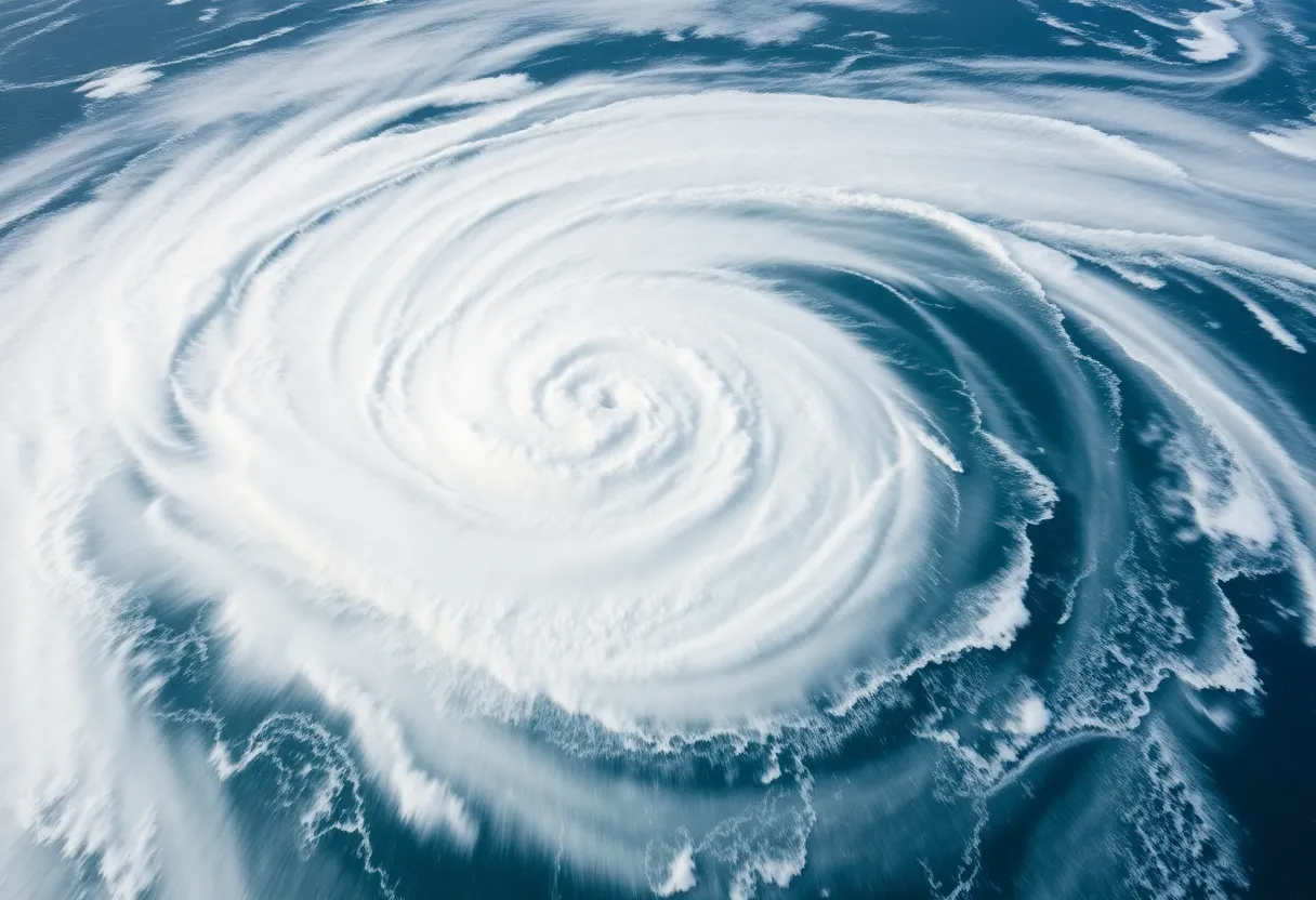 Aerial view of Hurricane Erin swirling over the ocean