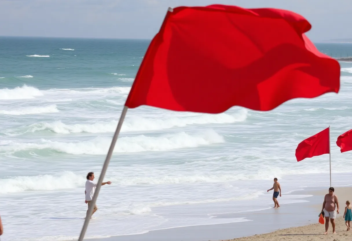 Hazardous beach conditions with red flags indicating danger