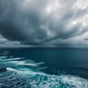 Coastline with stormy weather and dark clouds as Hurricane Erin approaches