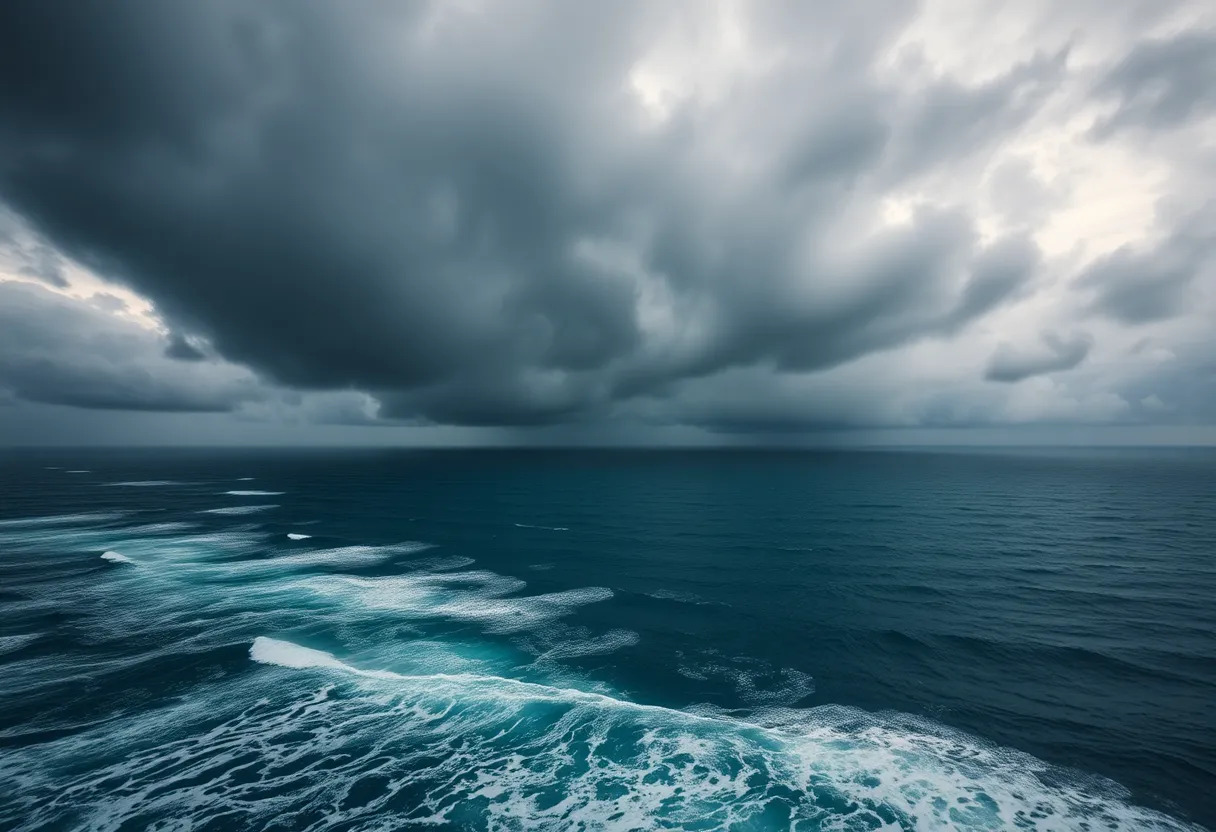 Coastline with stormy weather and dark clouds as Hurricane Erin approaches