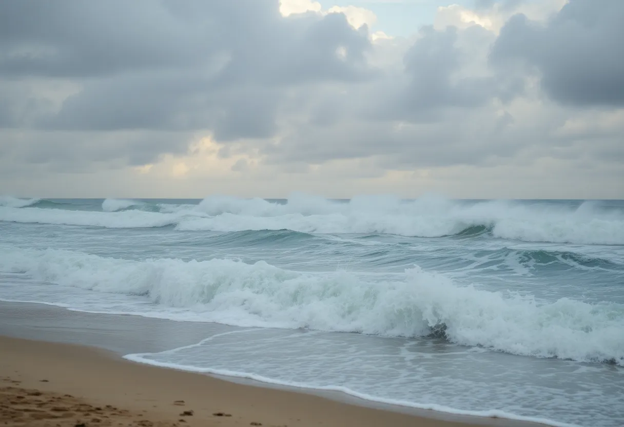 Stormy waves and deserted beach before Hurricane Erin