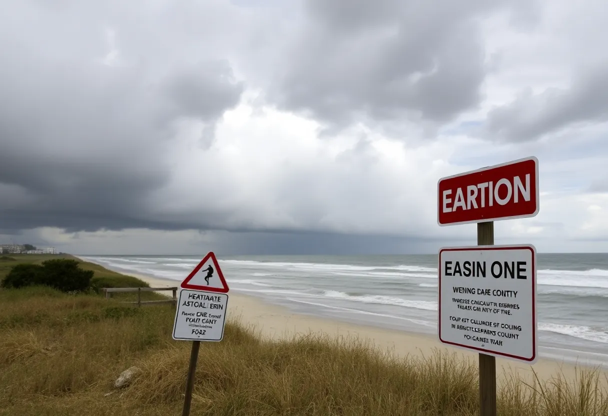 Evacuation signs and stormy coastal view as Hurricane Erin approaches.