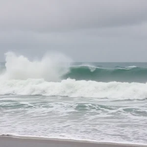 Coastal scene impacted by Hurricane Erin with heavy rain and rough seas