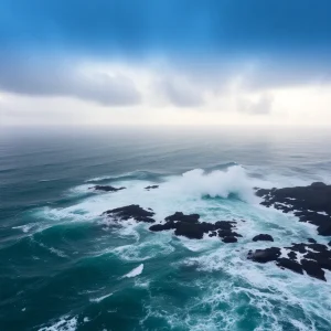 Stormy ocean waves crashing on the coastline during Hurricane Erin