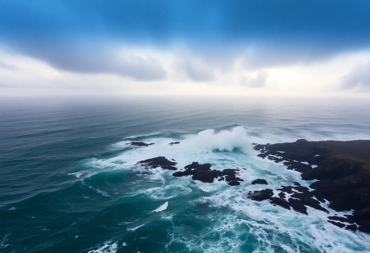 Stormy ocean waves crashing on the coastline during Hurricane Erin