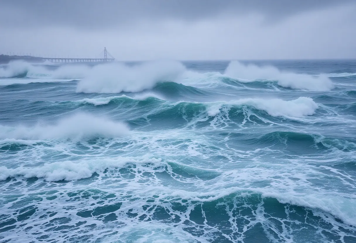 Hurricane Erin affecting the East Coast with strong winds and rough seas