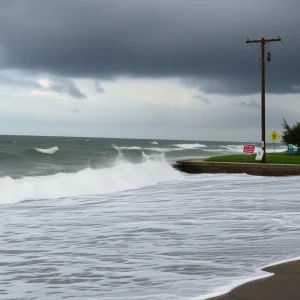 Coastal scene during Hurricane Erin showing high waves and dark clouds.