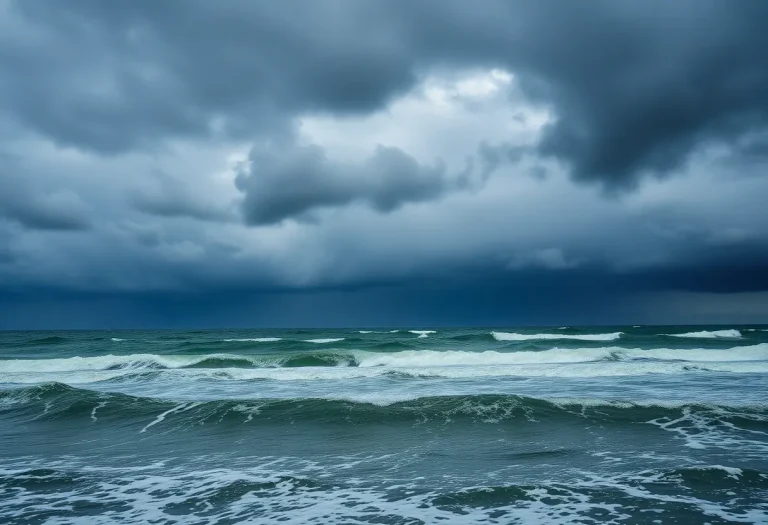 Stormy ocean waves crashing along the shore of the Outer Banks during Hurricane Erin.