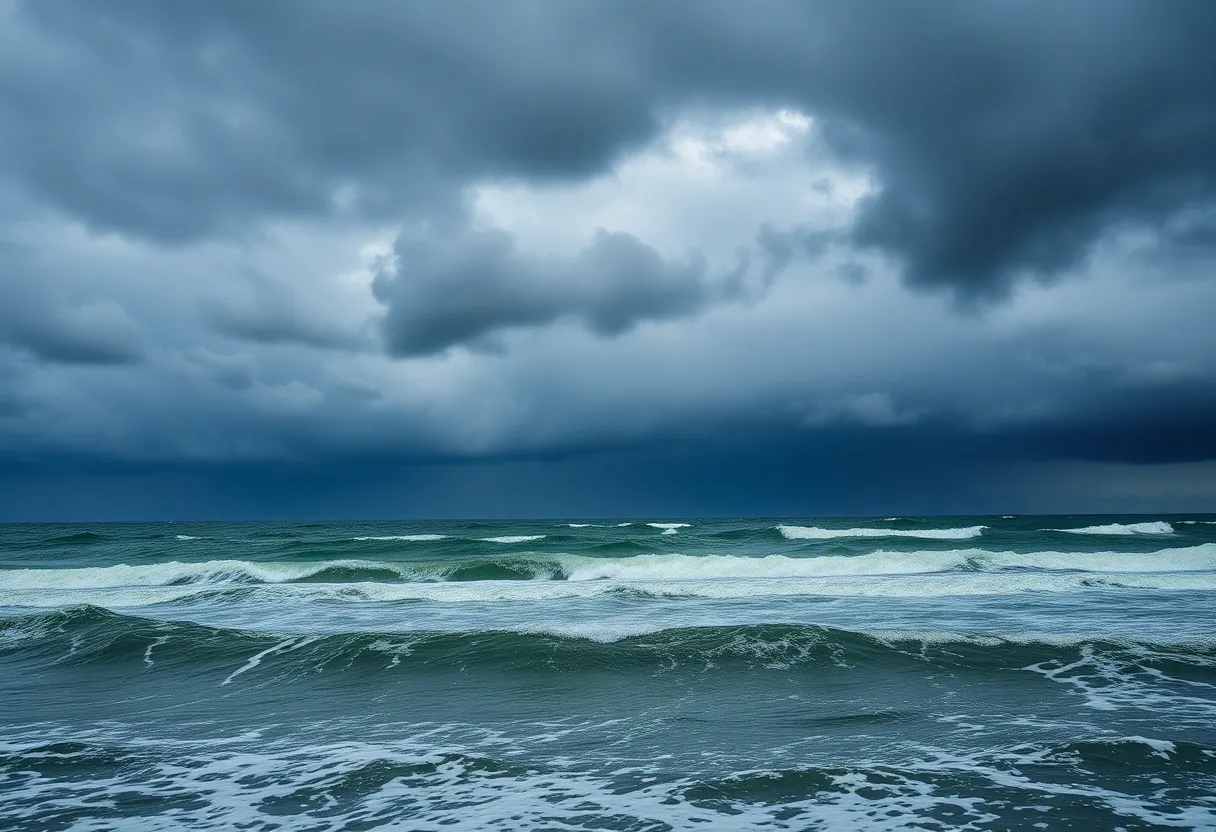 Stormy ocean waves crashing along the shore of the Outer Banks during Hurricane Erin.