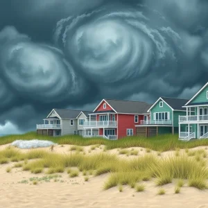 Stormy sea and oceanfront homes in Rodanthe, NC, with Hurricane Erin approaching.