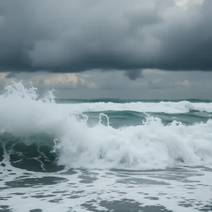 Waves crashing on the coast during Hurricane Erin