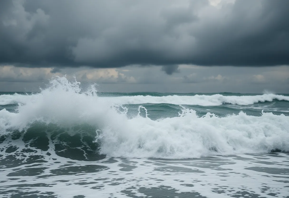 Waves crashing on the coast during Hurricane Erin