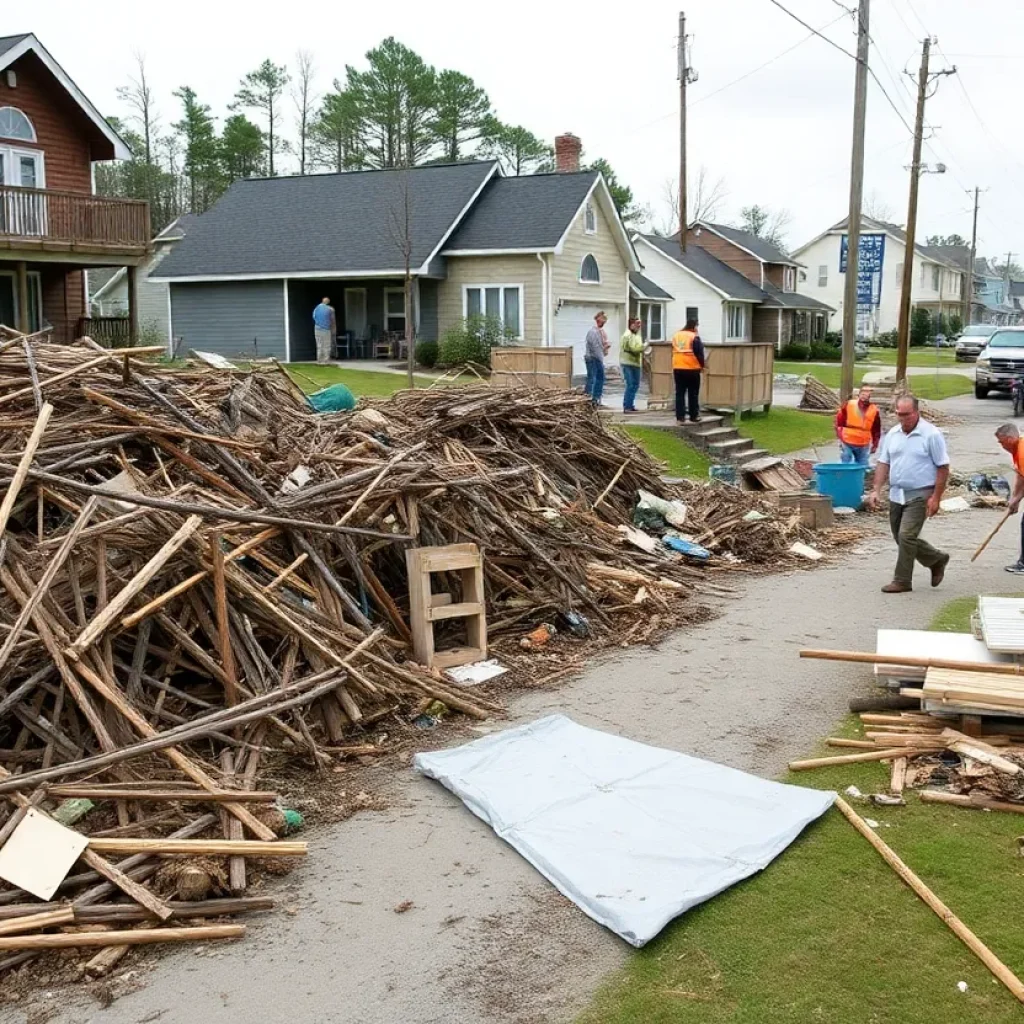 Residents of North Carolina cleaning up after Hurricane Irene, with debris and damaged homes visible.