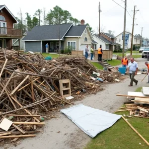 Residents of North Carolina cleaning up after Hurricane Irene, with debris and damaged homes visible.