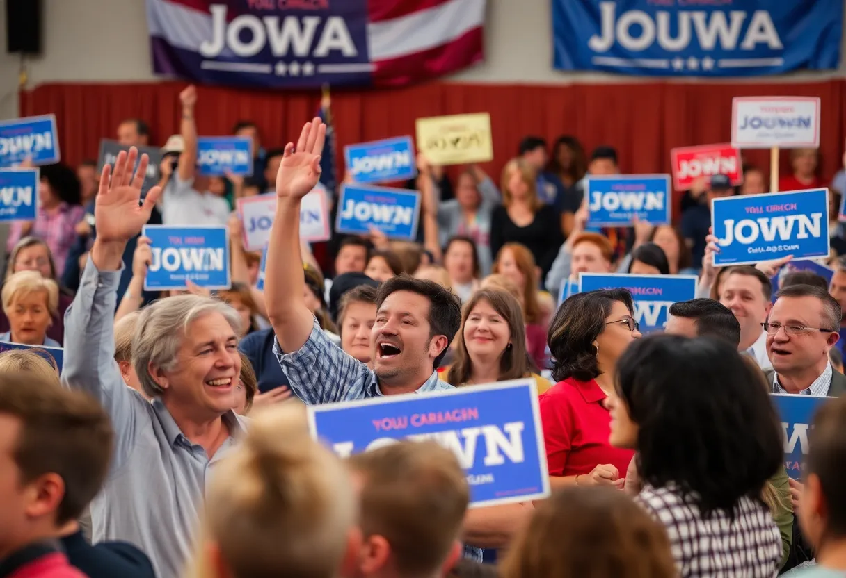 Energetic crowd at a political rally in Iowa