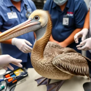 A juvenile brown pelican receiving care at a wildlife shelter.