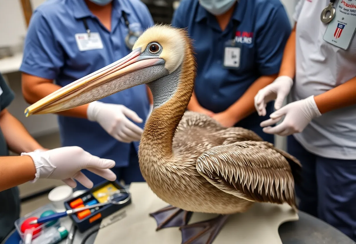 A juvenile brown pelican receiving care at a wildlife shelter.