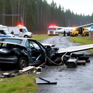 Scene of a car crash and plane wreckage in Kill Devil Hills