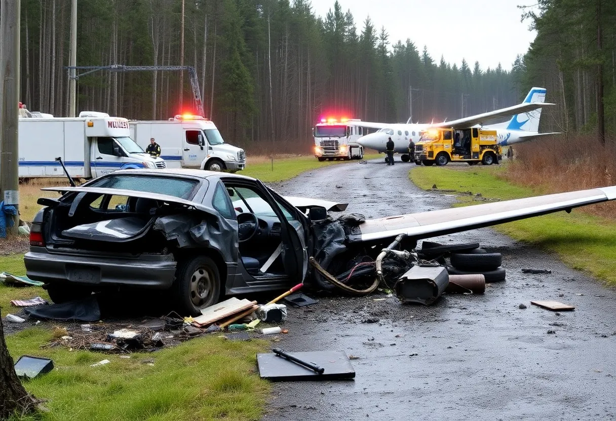 Scene of a car crash and plane wreckage in Kill Devil Hills