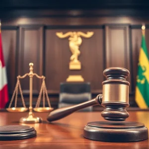 Courtroom scene depicting a legal dispute over tariffs