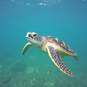 Loggerhead sea turtle swimming in the ocean near Outer Banks