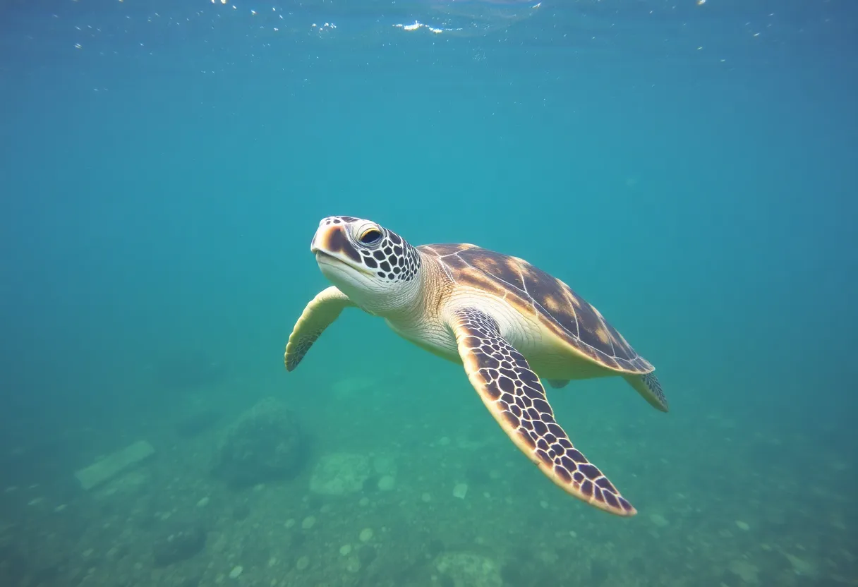 Loggerhead sea turtle swimming in the ocean near Outer Banks