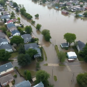 Aerial view of Milwaukee showing extensive flooding damage from heavy rainfall.