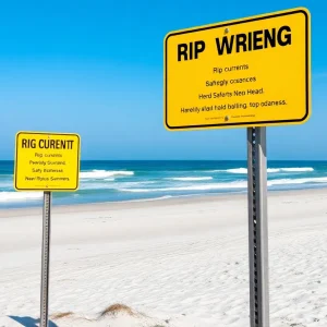 Nags Head beach with safety warning signs