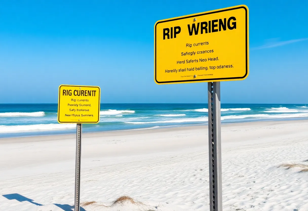 Nags Head beach with safety warning signs