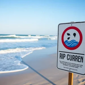 Beach at Nags Head with warning sign about rip currents