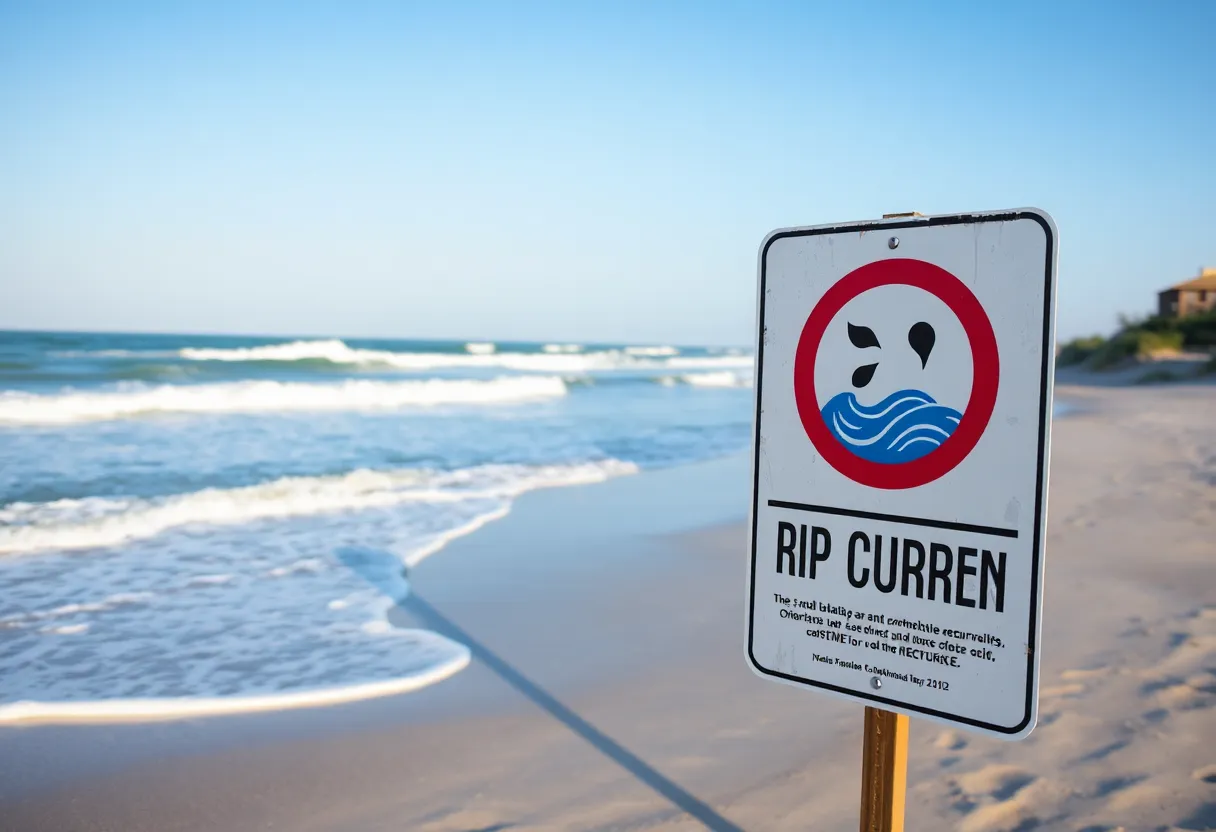Beach at Nags Head with warning sign about rip currents
