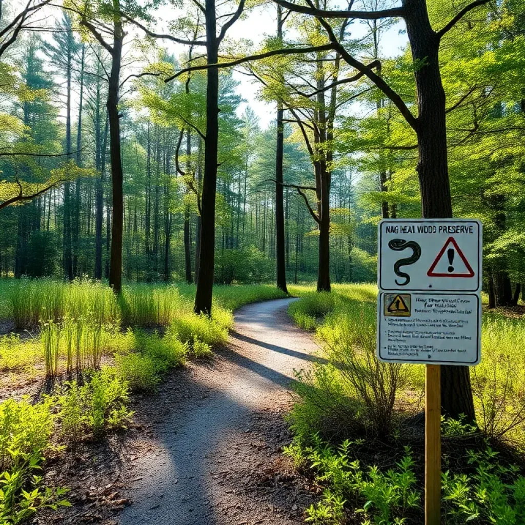 Scenic view of Nags Head Woods Preserve with snake warning signs