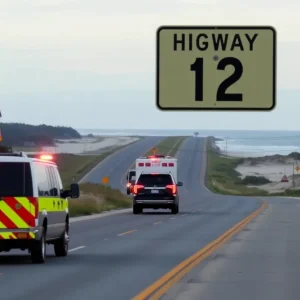 Reopened N.C. Highway 12 with emergency vehicles on site