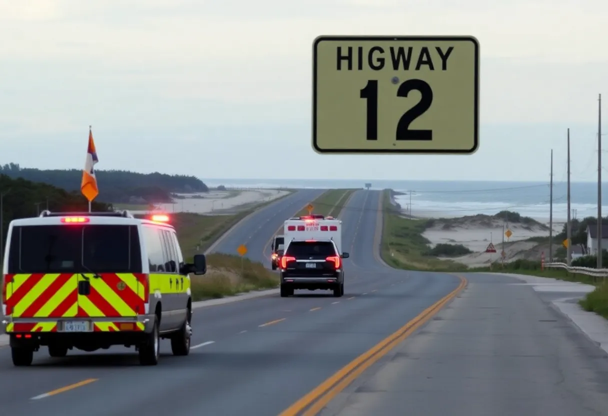 Reopened N.C. Highway 12 with emergency vehicles on site