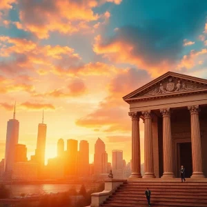 New Orleans skyline with courtroom overlay