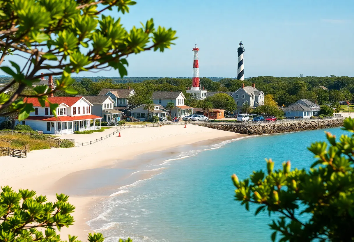 Beautiful view of Ocracoke Island with lighthouse and beach