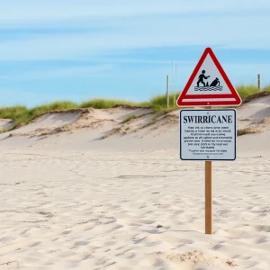 Eroded beach shoreline in the Outer Banks with advisory sign