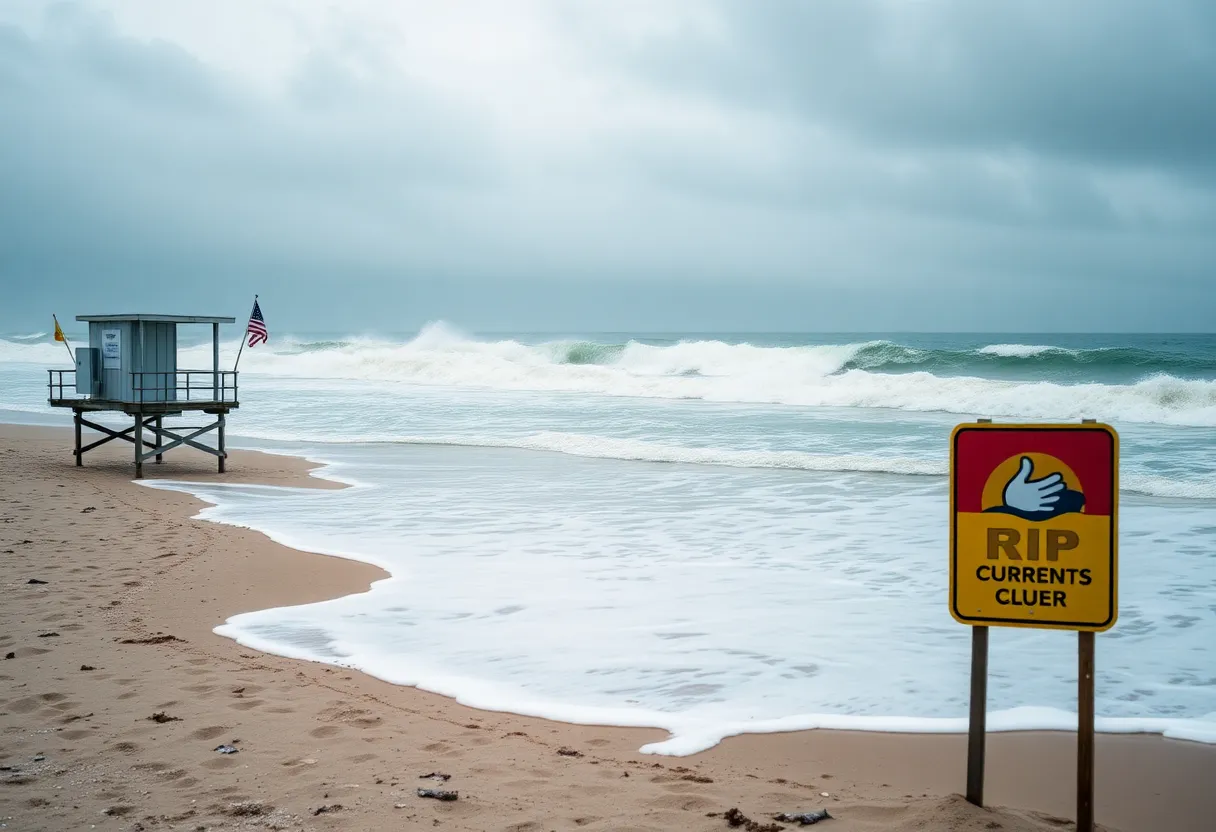 Warnings at a beach in the Outer Banks due to high rip current risk
