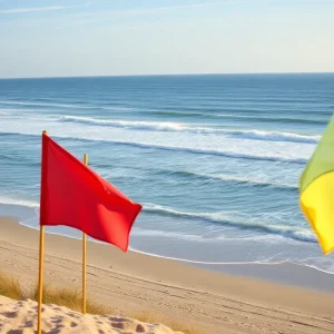 Waves crashing on the beach with warning flags in the foreground