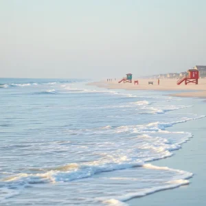 Outer Banks beach with rough surf and warning flags
