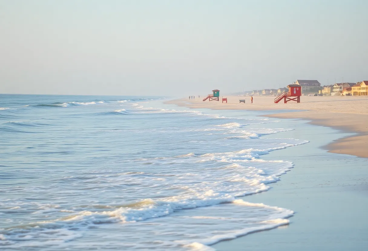 Outer Banks beach with rough surf and warning flags