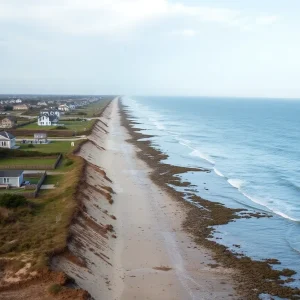View of the Outer Banks showing coastal erosion effects on the shoreline and homes.